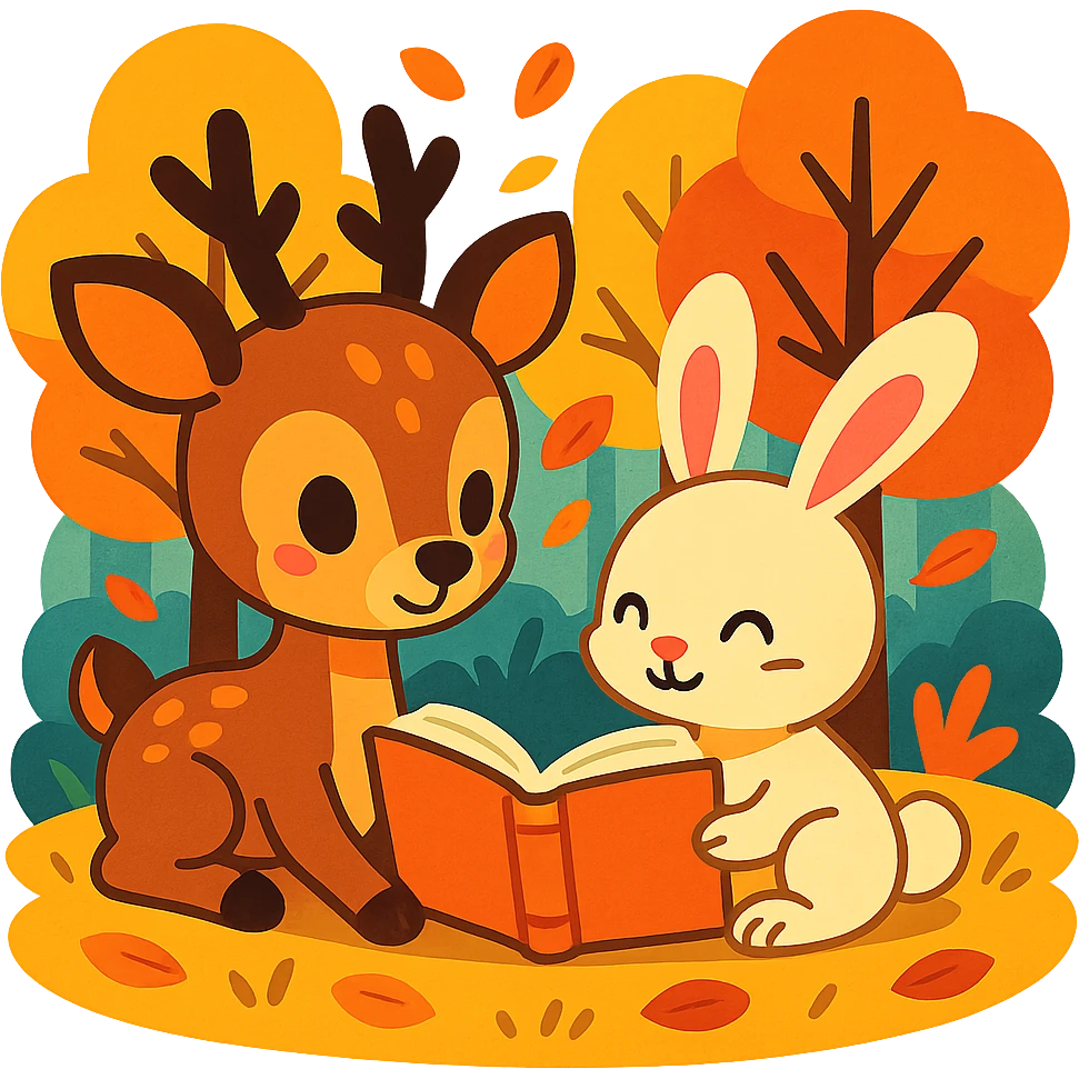 cute deer and bunny reading together in a soft autumn forest scene, vibrant-toon style emoji