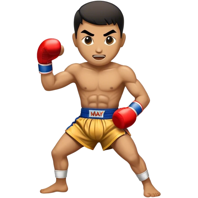 Cinematic Realistic Muay Thai Pop Culture Emoji, depicted with an action-packed portrayal of traditional Thai boxing rendered with bold textures and energetic, dramatic lighting. emoji