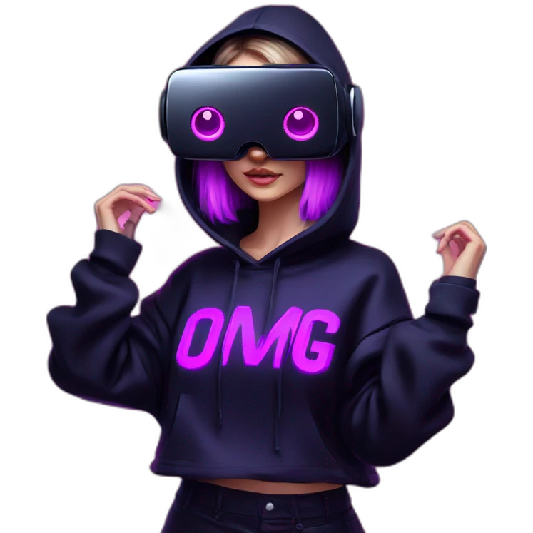Russian girl wearing black hoody with violet letters "OMG", in vr headset. Cyberpunk style. Violet neon. emoji