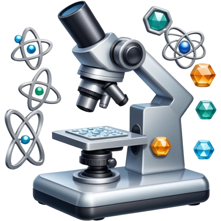 An icon featuring an electronic microscope, a metal alloy, atomic structure symbols, and a crystal structure, symbolizing materials science. The design includes different materials like metals, ceramics and polymers, alongside a stamp representing testing and quality control. Transparent background emoji