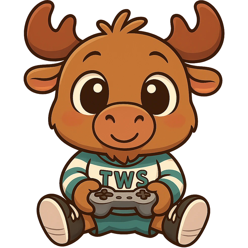 Transform the moose into a chibi style with a large head, small body, and big expressive eyes. The moose is holding a game controller, wearing shoes and a 'TWS' hockey jersey. The overall look is cute and playful. Remove the background. emoji
