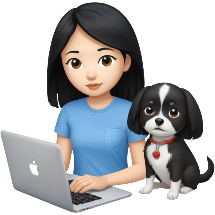 Asian girl long black hair, wearing a light blue t-shirt, working on an Apple laptop, next to her is a small black and white dog emoji