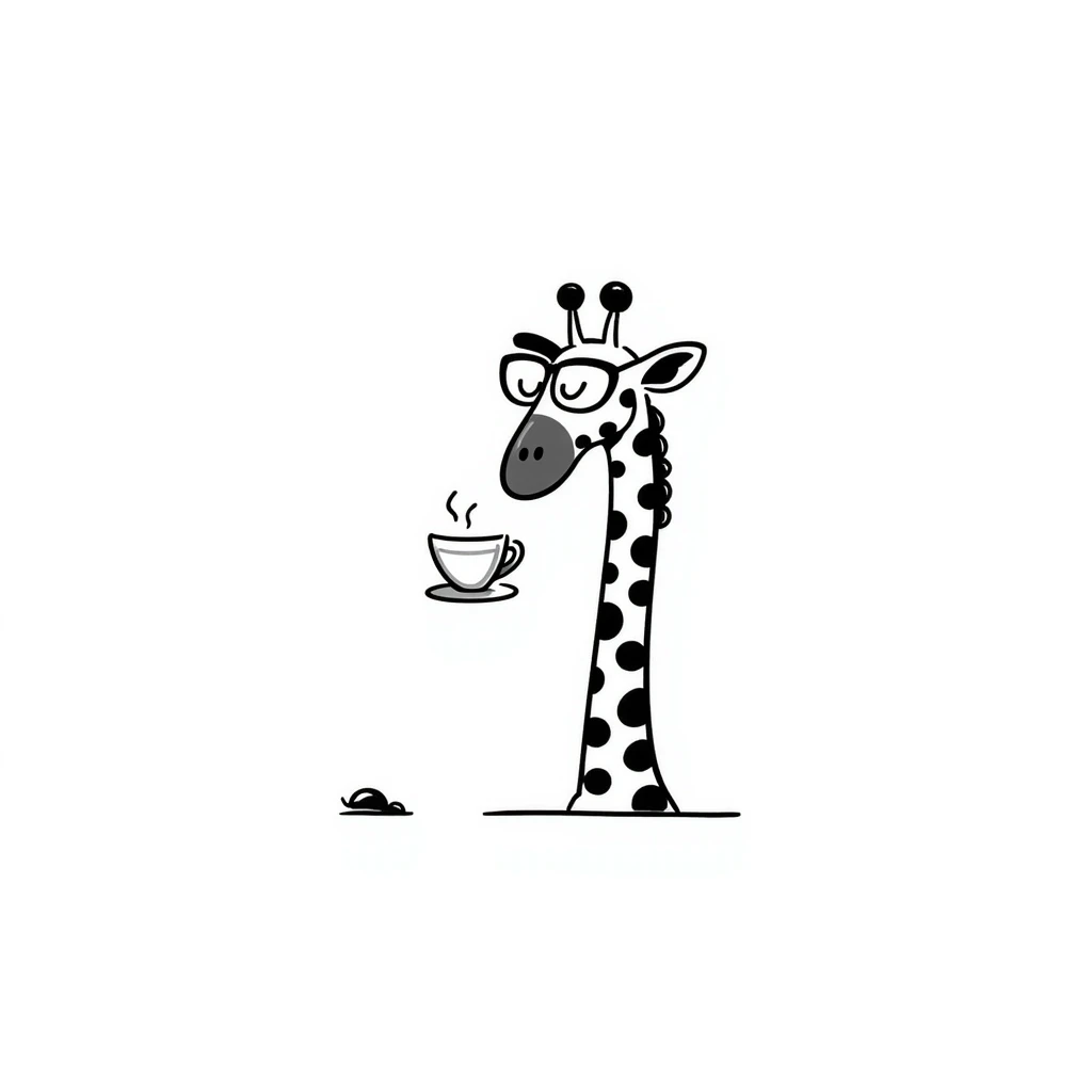 Giraffe with silly glasses trying to drink from a tiny tea cup emoji