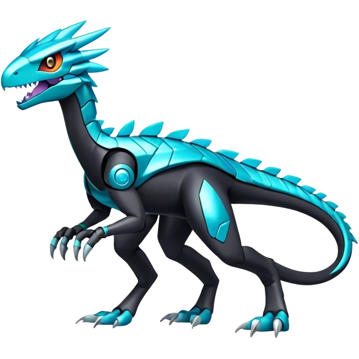 Shiny Futuristic Celestial Fakemon-Pokemon-Digimon-Spectrobes-Raptor-fusion, full body, four legs, black body, cyan accents, scales emoji