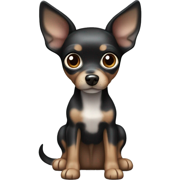 Cute Toy terrier, dark merle color (black, caramel and grey color, grey are spots) with big ears. One eye is dark brown, the other one is half dark brown half blue emoji