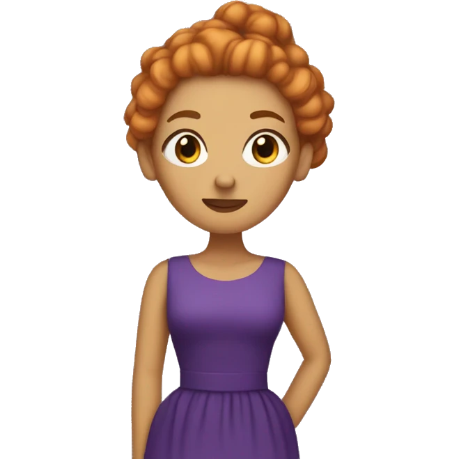 Woman with ginger frizzy hair in a bun wearing a purple dress with stars on it emoji