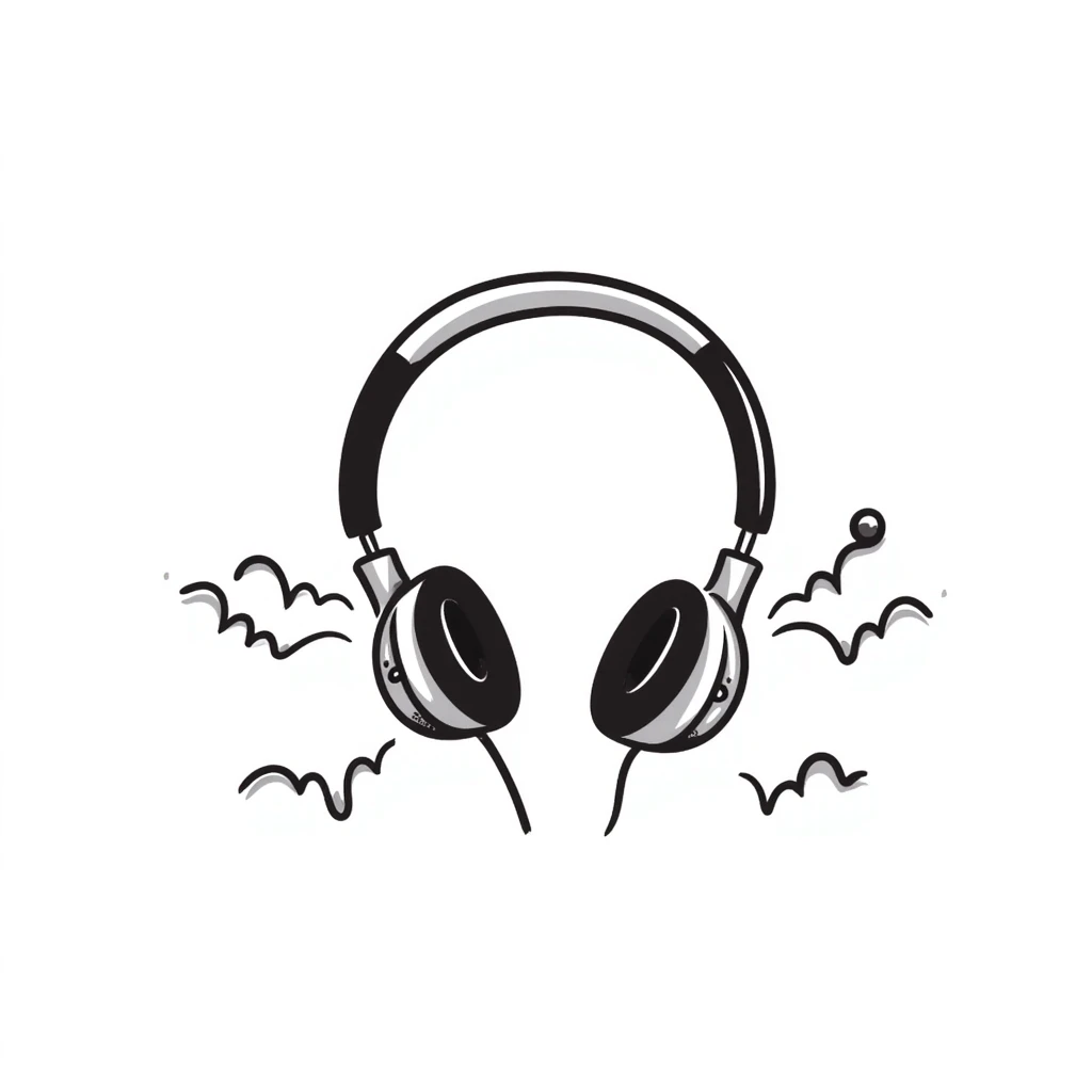 Hand-drawn sketch of DJ headphones with music waves emoji