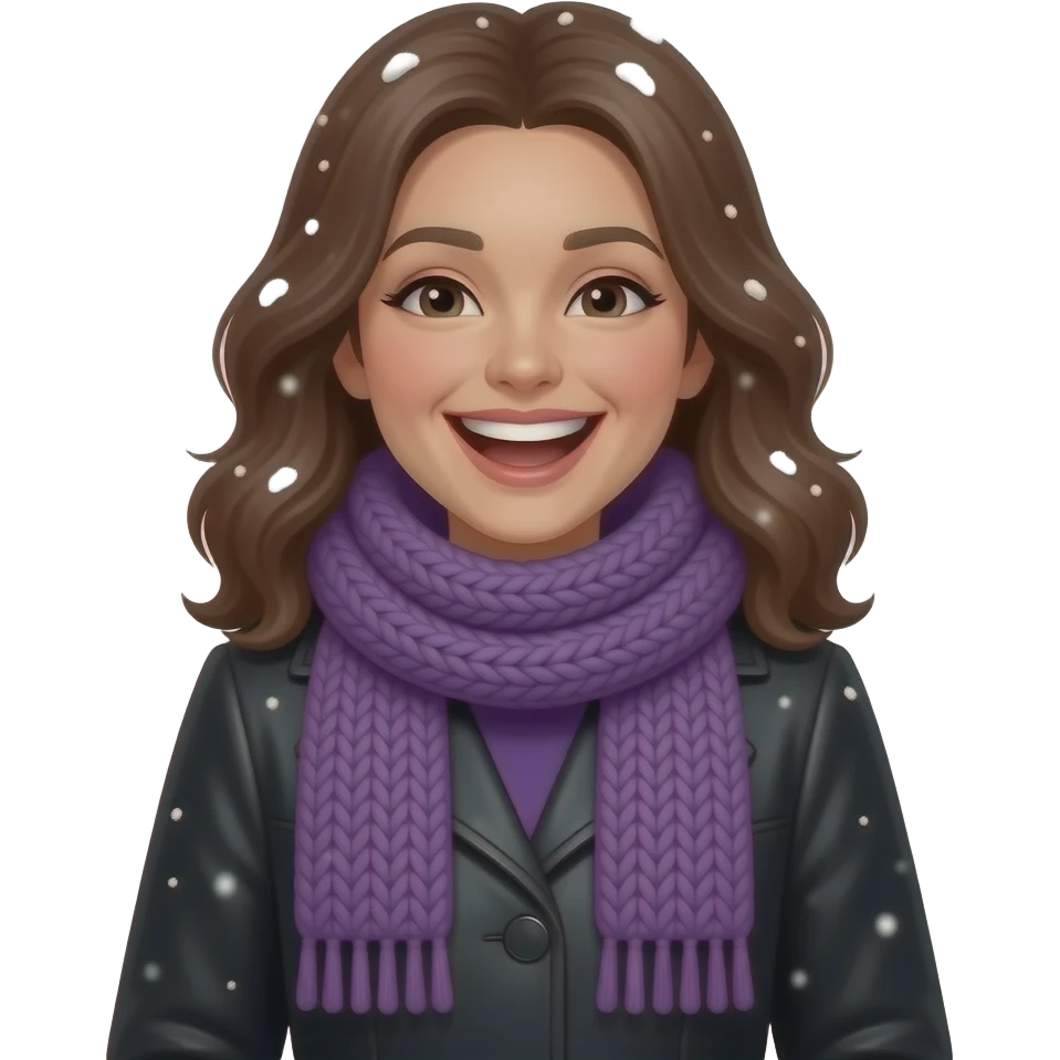 english winter woman with big purple knit scarves on neck black jacket laughing emoji