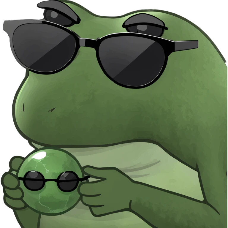 bufo with sharp, angular triangular black frame with dark grey smoked lenses, with a mini full dark powerful orb in his hand emoji