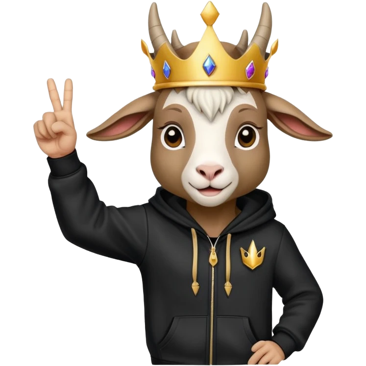 Goat with horns wearing black hoodie and a royal crown do the peace sign emoji