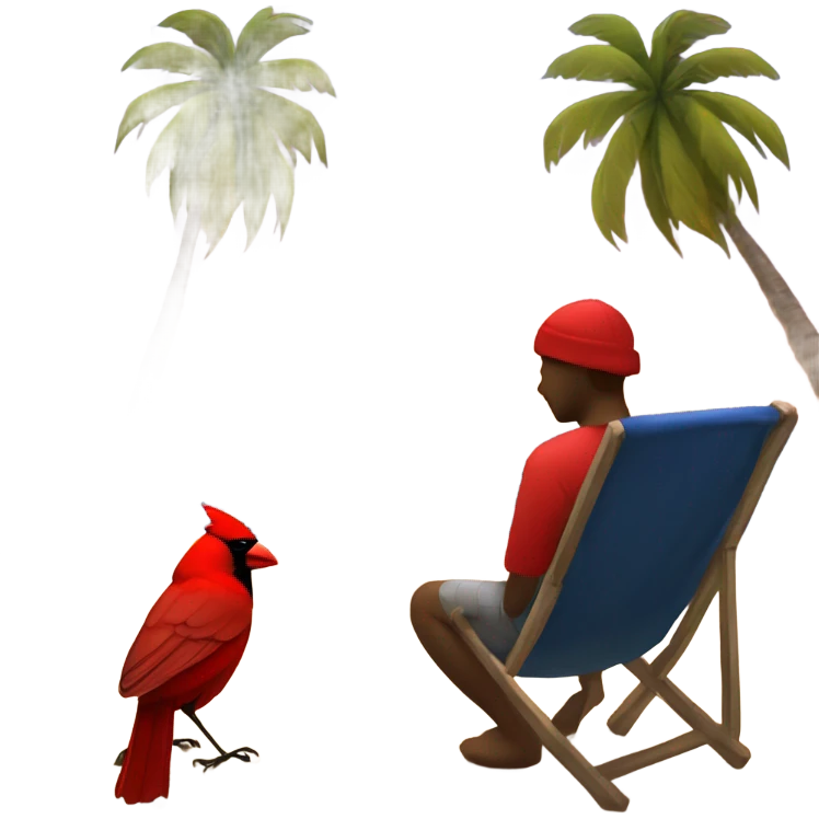 Create a picture of a person and a cardinal that are sad from grief sitting on beach with palm trees during a sunset emoji