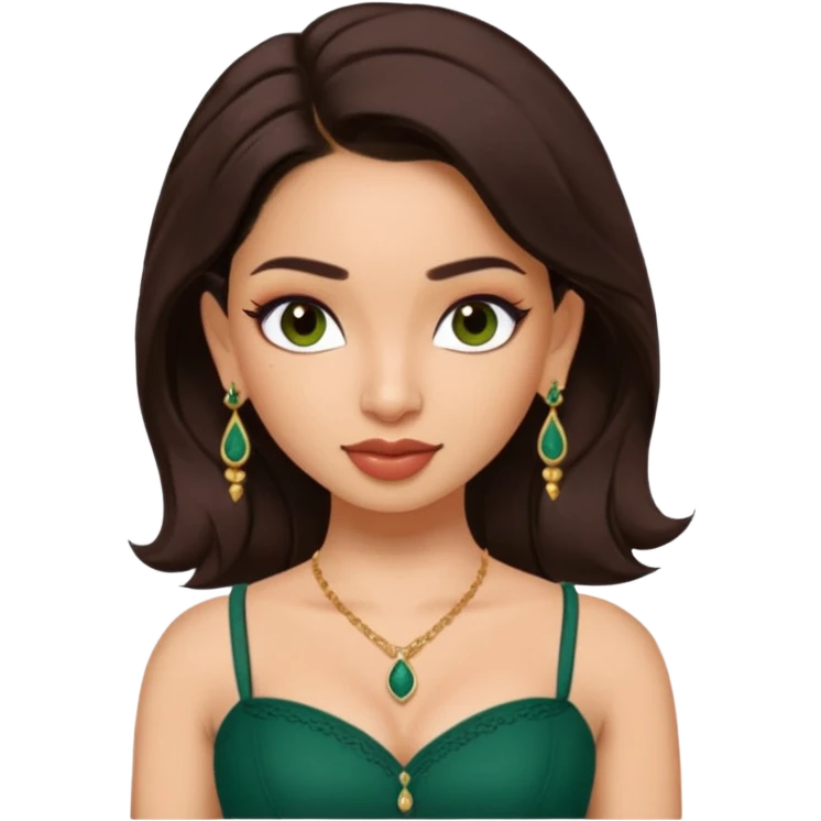 pretty bratz genmoji that looks like tamannah bhatia (bollywood actress), wearing a dark green sweetheart neckline top, dark brown hair, light makeup, no necklace, dangly earrings, side hair part, dark brown eyes, with tattoos emoji