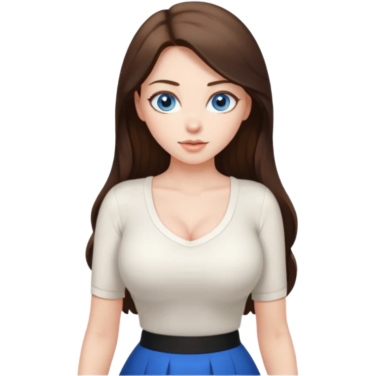 sexy woman brunette, very large breasts, pale skin, blue eyes, long brown hair, tight white blouse, short black skirt. office.  emoji