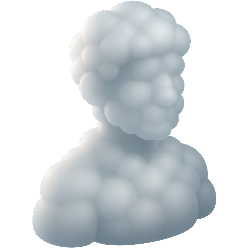 person made entirely of white fluffy convex clouds, shoulder up, front view, matte glass style emoji