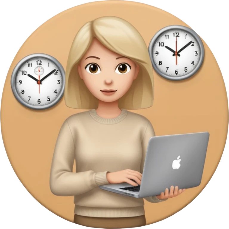 I like the 4th image. Now, make the same woman leave work with her laptop in hand. Add a round clock behind her on the wall. She is wearing a beige sweater.  emoji
