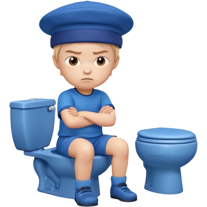 3D cartoon child character in blue outfit and blue hat, sitting on a toilet, looking angry with crossed arms, pastel background, preschool animation style." emoji
