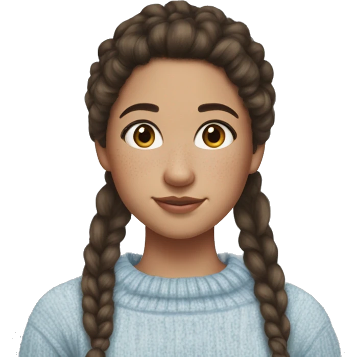 teenage girl, hispanic, freckles, afro brown hair, pony tail, medium length hair, brown eyes, light blue sweater, winter sweater, freckle emoji