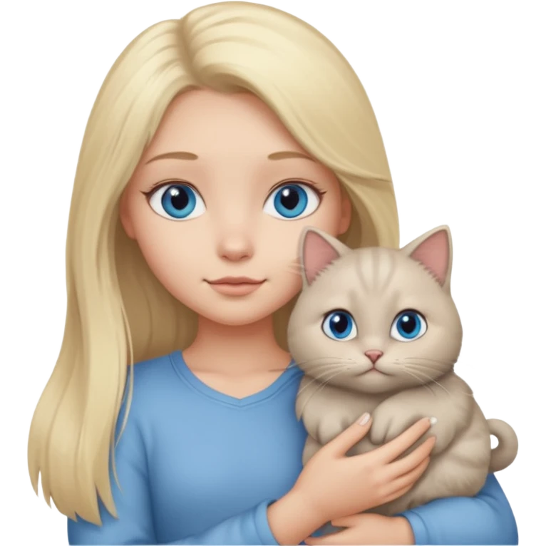 blonde girl with long blonde hair and blue eyes with chubby gray cat emoji