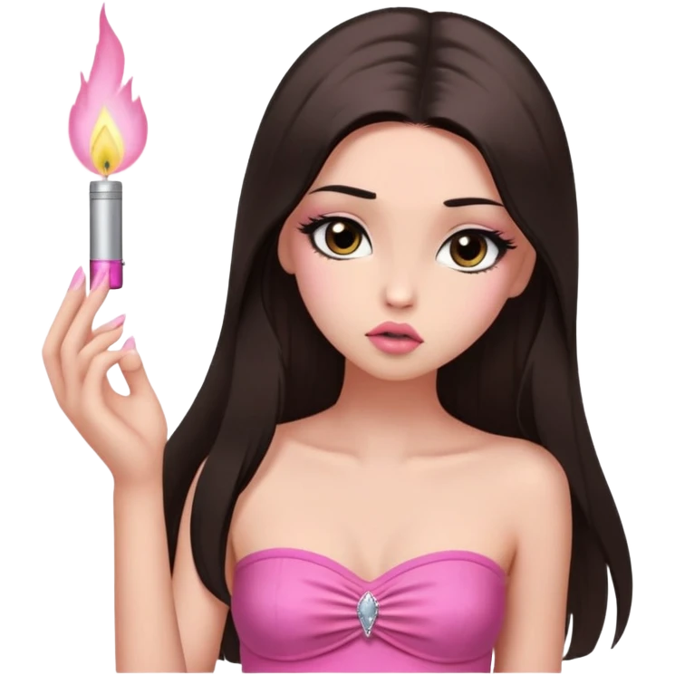 girl with lighter skin, dark brown long straight hair falling in front of her body, pouty shiny lips without cupid's bow, shiny large eyes with long eyelashes, lighter button nose, very long oval-shaped face, wearing a pink bandeau top with straight neckline, looking directly at camera with hands down at sides emoji