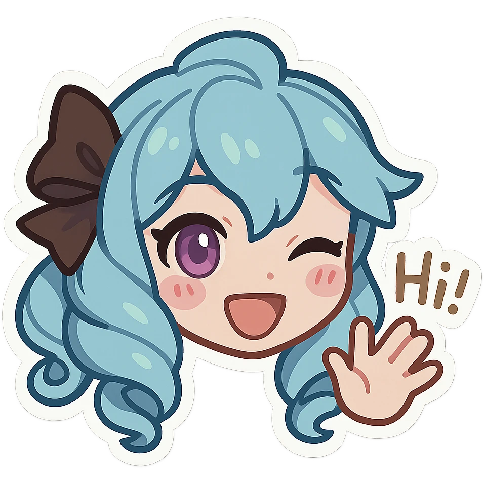 Gwen from League of Legends, chibi emote style, only head visible, right eye purple, happy hi expression, waving hand, eyes open, cute and expressive emoji