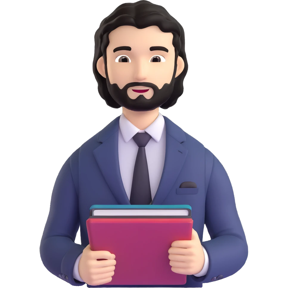 Professional 35-year-old man with black wavy hair, stubble, strong jawline, white skin tone, wearing smart casual business attire, holding a business book, with a confident approachable expression emoji