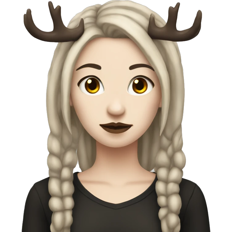 Portrait. Goth, deer girl. She has deer ears and antlers. Brown dreadlocks. White skintone emoji