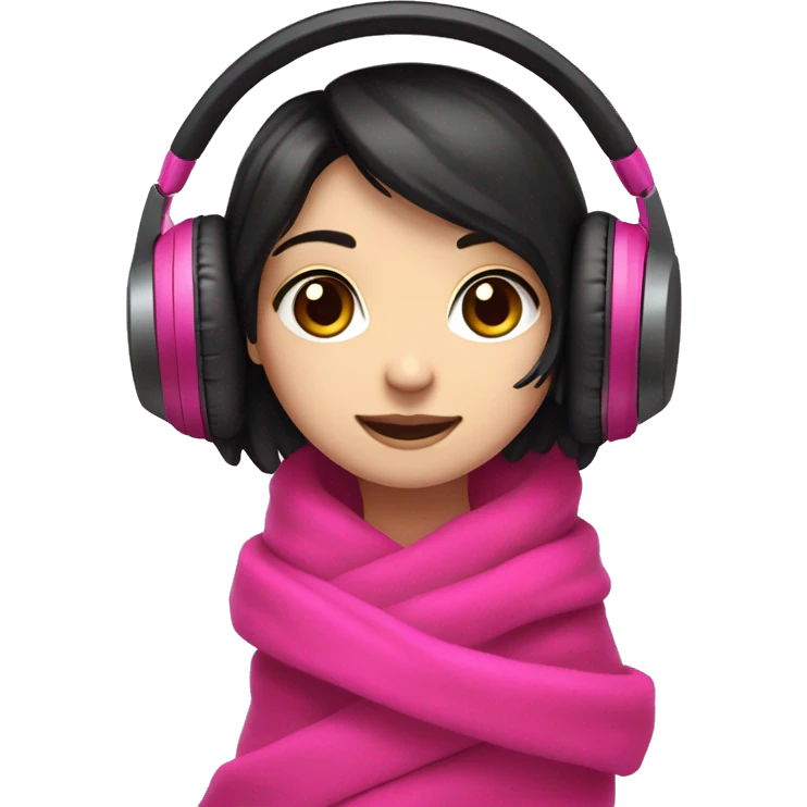 Girl with pale white skin, brown eyes, and black hair wearing hot pink gaming headphones, blanket wrapped around her emoji
