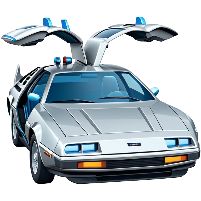 Retro-futuristic hover car inspired by the DeLorean, gullwing doors, silver metallic body with blue-tinted windows, stylized jet boosters in the back, flat vector style, outlined shapes, minimal design emoji