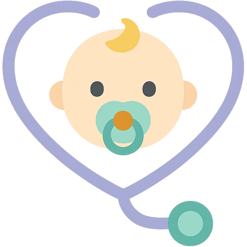Prompt (на английском, как принято для генерации изображений):
"A clean, high-quality vector illustration of a baby's face with a pacifier, surrounded by a stethoscope forming a heart shape around the head. The design should include soft shadows and glossy highlights for depth and realism. Smooth lines, pastel color palette, minimalistic but expressive details. Ideal for a medical or pediatric logo or illustration. White backgroun emoji