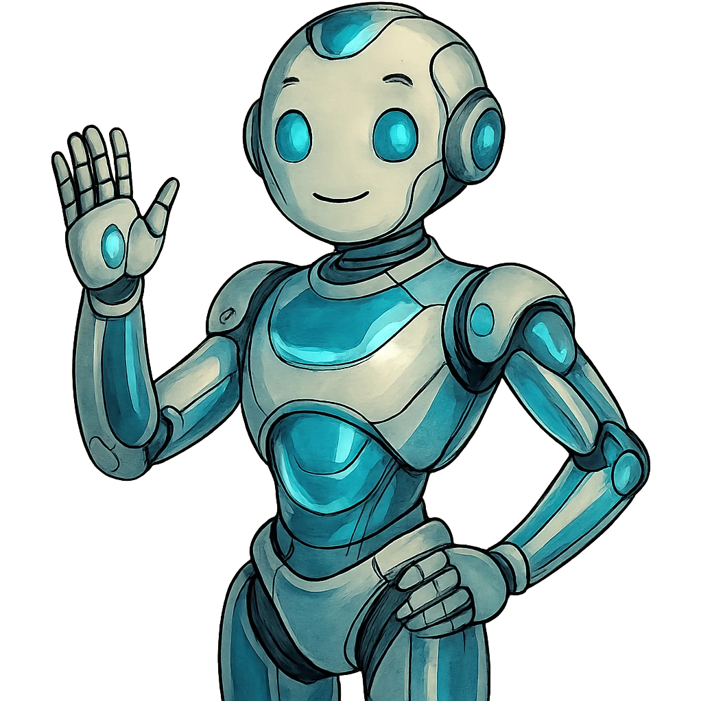 futuristic AI-Ambassador character, sleek humanoid robot with glowing blue accents, friendly expression, chrome and glass elements in ghibli style emoji