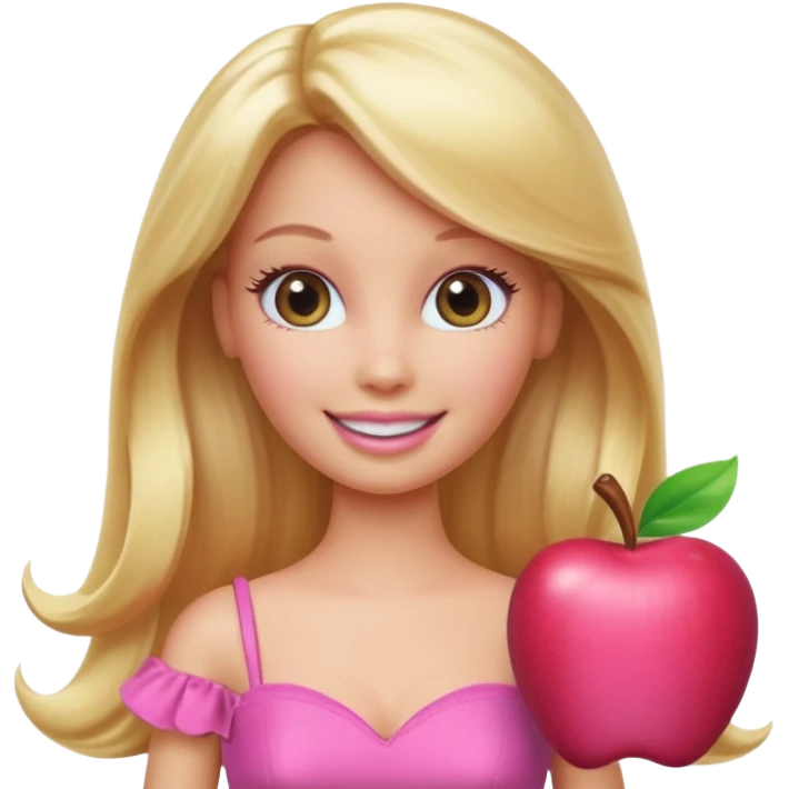 A Barbie-inspired Apple emoji character, big shiny emoji eyes, long blonde hair, wearing a pink dress, smiling, 3D Apple emoji style, clean white background, soft shading. emoji