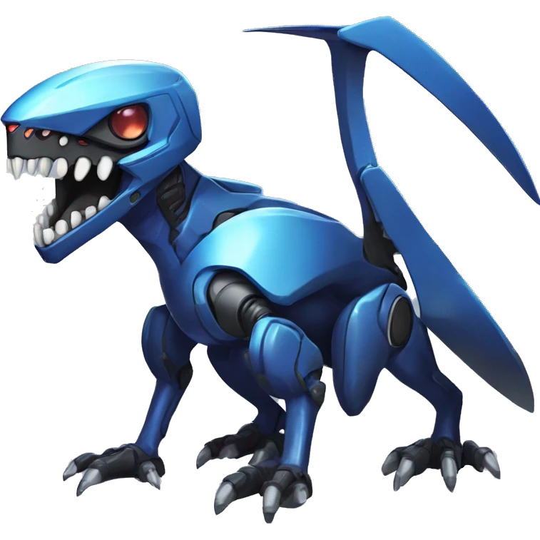 a black-blue Genesect-Raptor-Fakémon—hybrid with a futuristic visor-helmet full body emoji