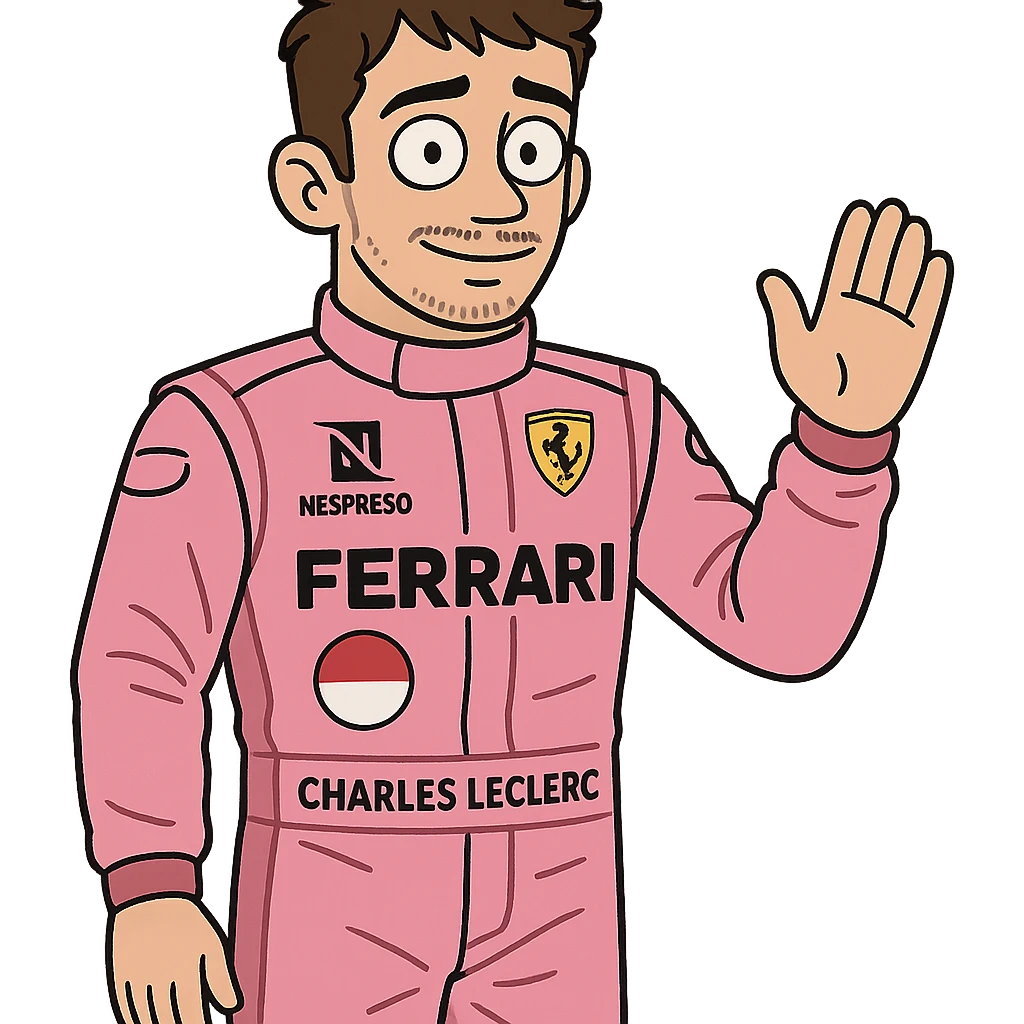 Illustration of Charles Leclerc in pink F1 racing suit, flat toon style emoji