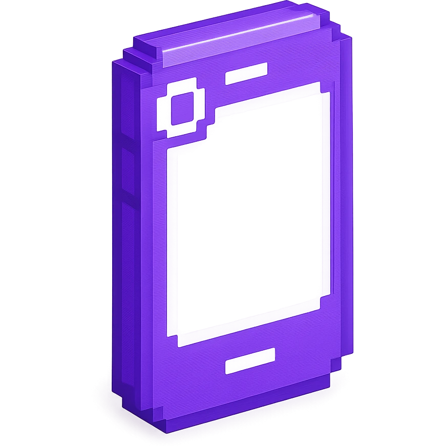 3D smartphone icon, purple body, pixel art style highlights, modern look emoji
