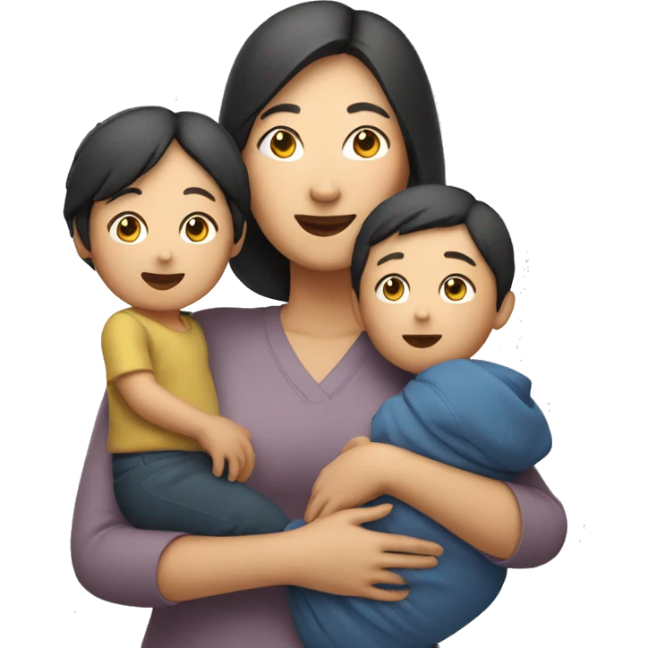 asian mum holding two kids, full body standing  emoji