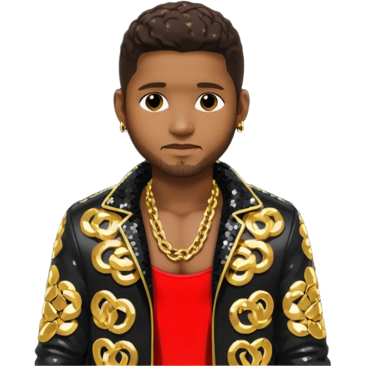 Usher with dark brown hair, black sequin jacket, shirtless with necklace  emoji