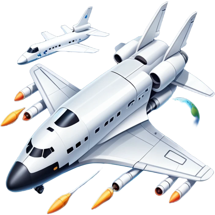 An icon featuring a space shuttle, a drone, and an airplane, symbolizing aerospace technology. The design includes rockets, flight paths, and satellites, representing space exploration and aviation. Transparent background highlights the cutting-edge technologies in air and space travel emoji