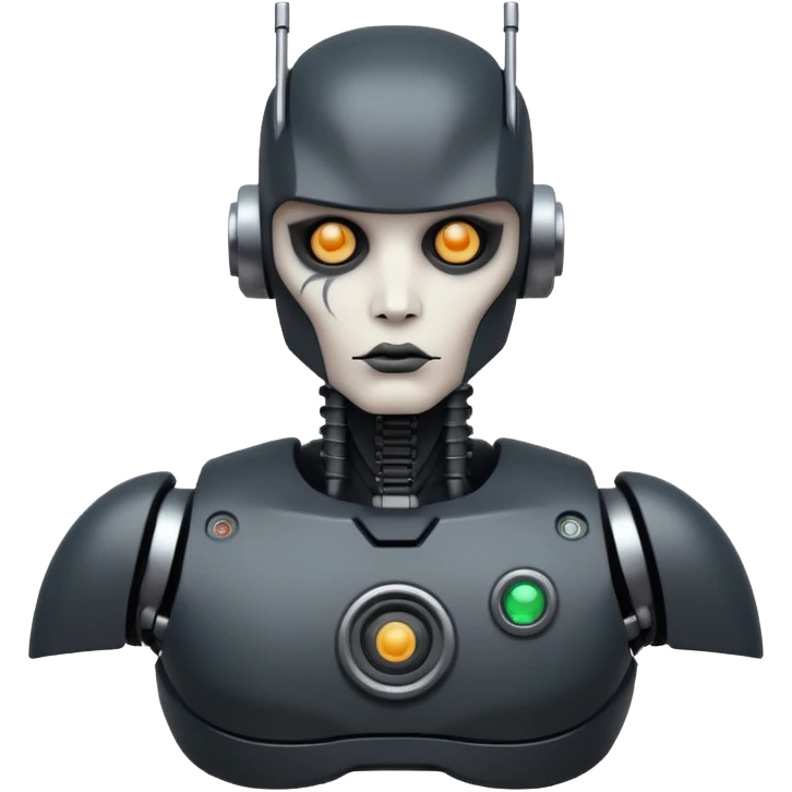 black metal Tatooed robot with radar, big many tatooes on chest, neck and face, white tatoo on face emoji