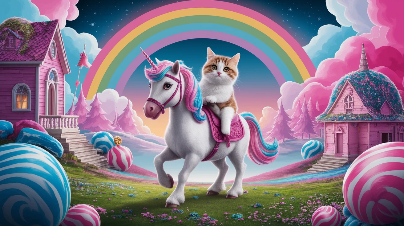 Cinematic still of a cat riding on unicorn around magic pink, and blue candy world, rainbow, dynamic shot emoji