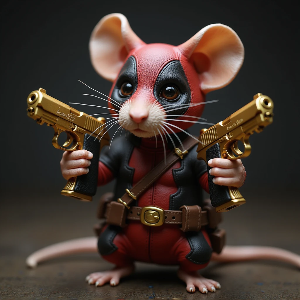 A realistic rat dressed as Deadpool, holding two golden Desert Eagle pistols, dramatic lighting, photorealistic style. emoji