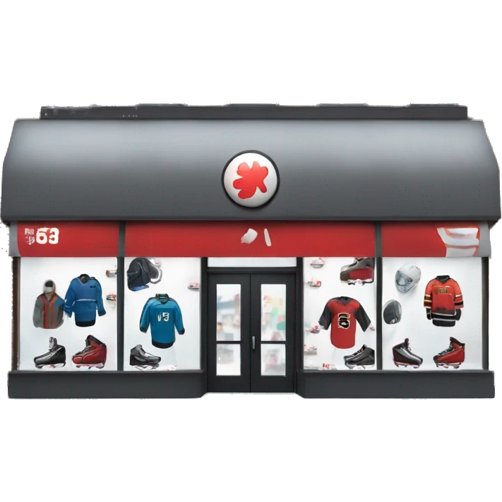 “Hockey store exterior with bold signage, large windows displaying hockey equipment, jerseys, and gear, and a sleek, sporty design that captures the essence of the sport.” emoji
