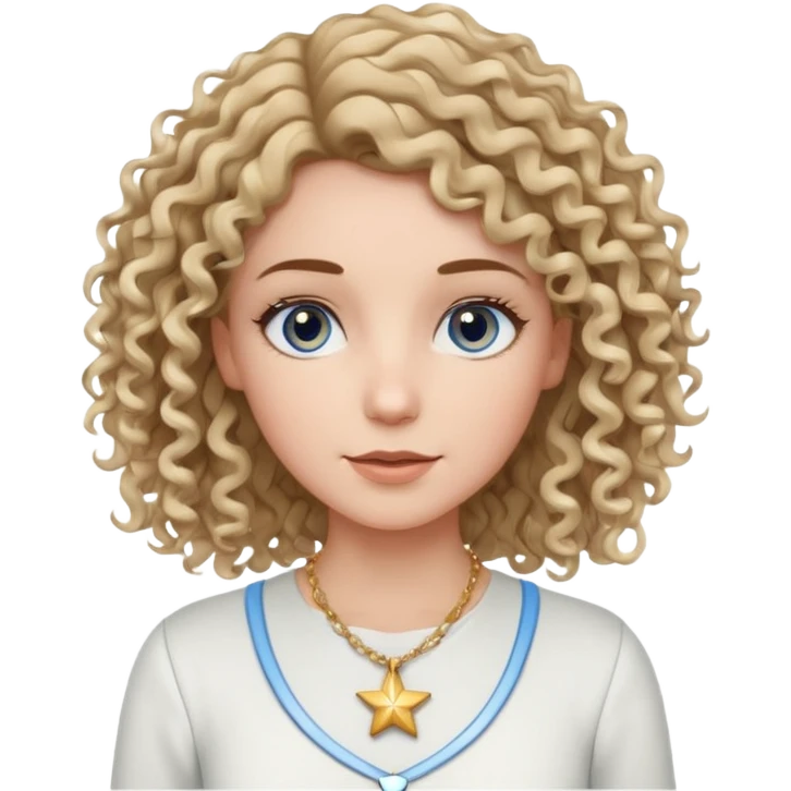 Very white woman, with blue/grey eyes, straight brown hair that is a little bit blonde and the tips are curly, cute white outfit, star neckless emoji