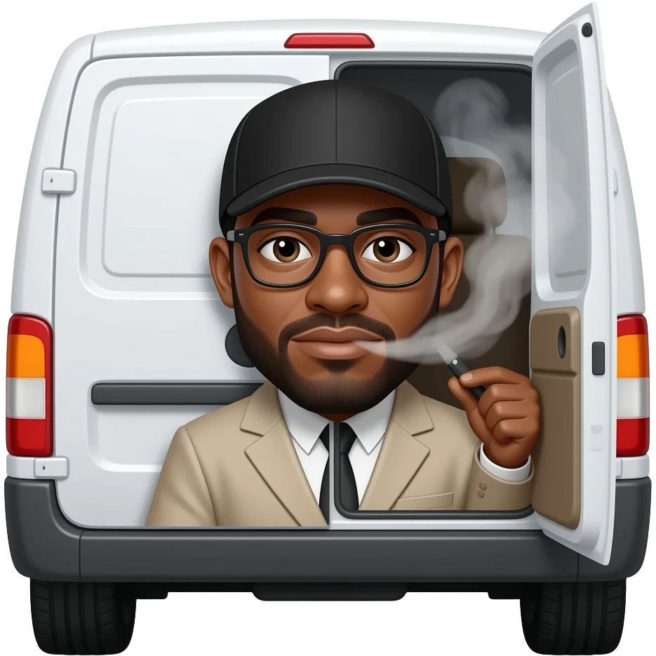 A black poor man opens the back door of a white van and the smell comes out of it. emoji
