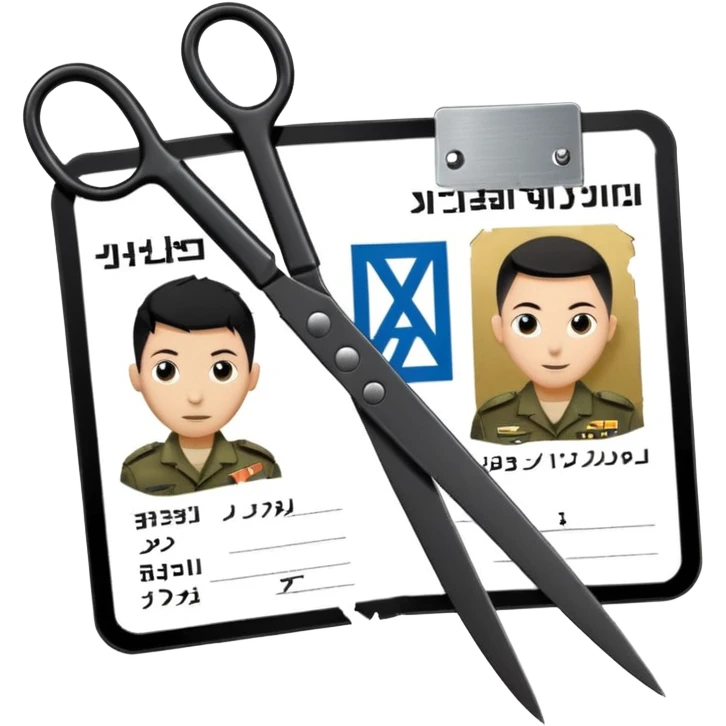 black Scissors cutting an idf soldier ID card in 2 parts .hyper realistic emoji
