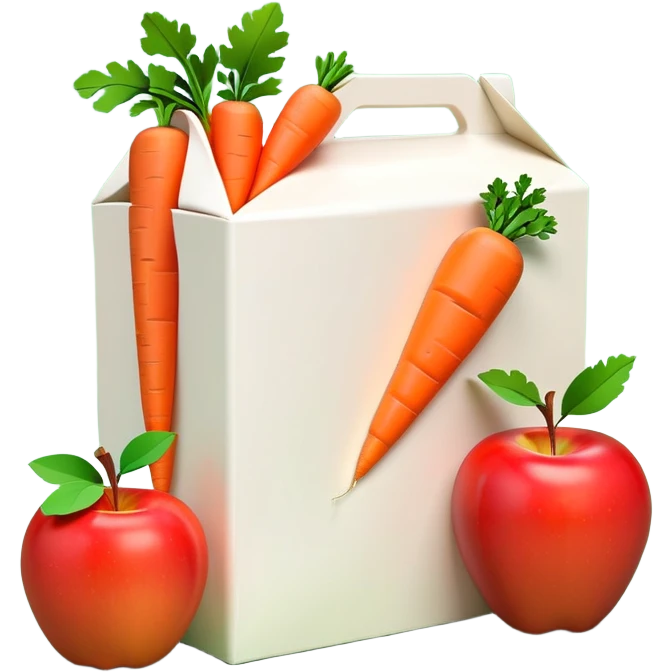 Apply the profile to render a 3D food icon with milk, carrots and apples. A milk (or juice) paper box standing behind, a bright red apple with green leaves on the right, and an orange carrot with green tassels lying horizontally in front. These items all have a smooth, round, and brightly colored cartoonized or iconized appearance, commonly used to represent scenes or concepts related to food staples, healthy eating, nutrition, or daily dining.Octane render. 8k. emoji