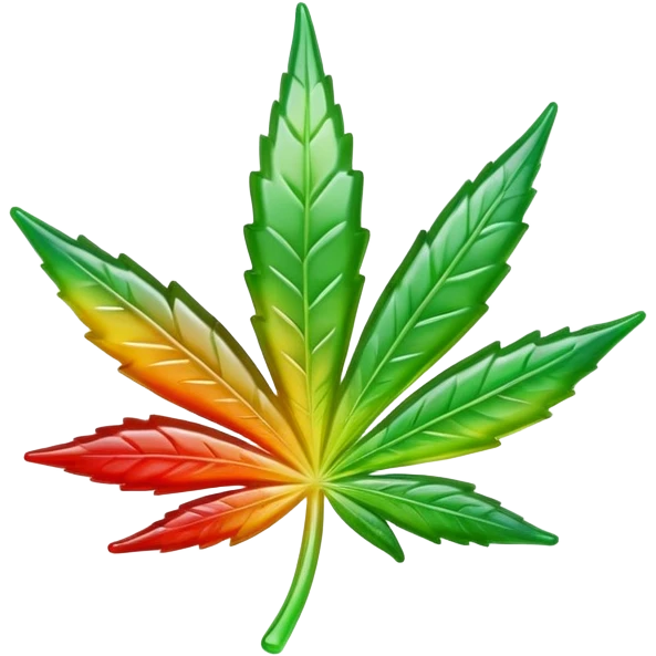 colorful shiny gusher gummy shaped like a cannabis leaf with a bite mark showing the liquid center emoji