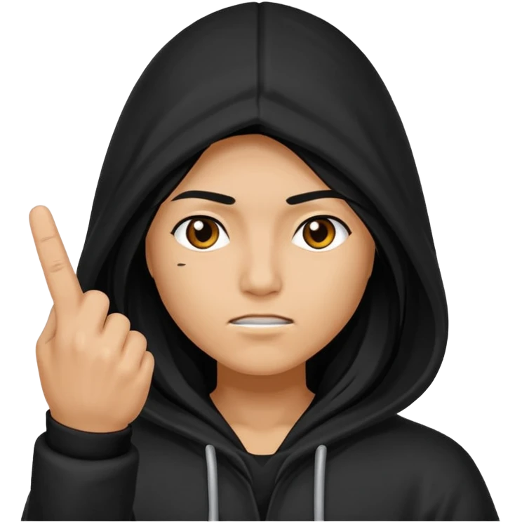 Moreno greñudo con capucha cuba la cara para el dedo del medio emoji