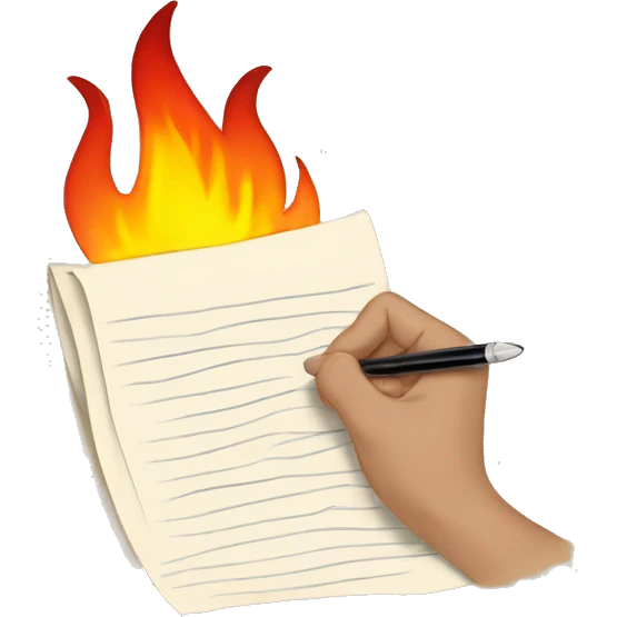 hand writing on paper with flames around emoji