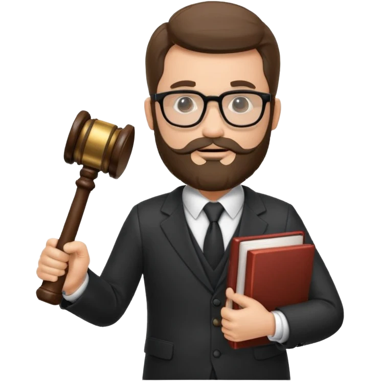 Create a male lawyer. he is wearing a fromal suit jckeret. He is holding a gavel in one hand and a book tucked under his another arm. He has beard and glasses emoji