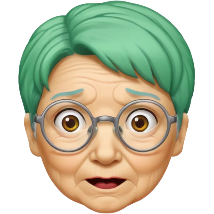 green haired grandma with wrinkles and glassess, surprised emoji